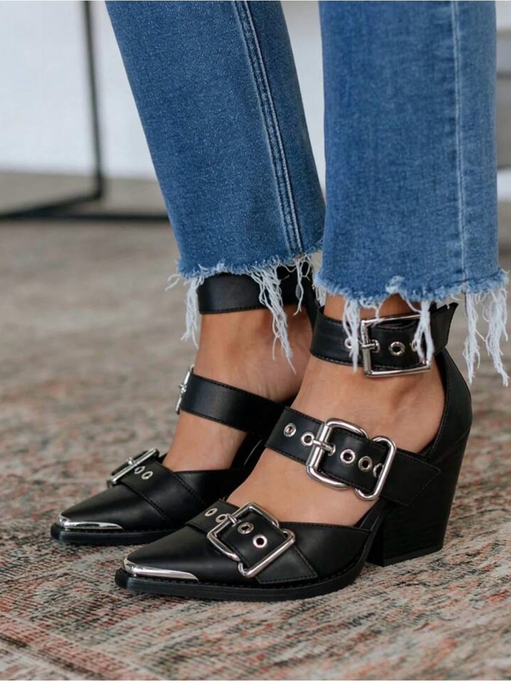 Women’s Black Buckle Block Heel Pump Booties